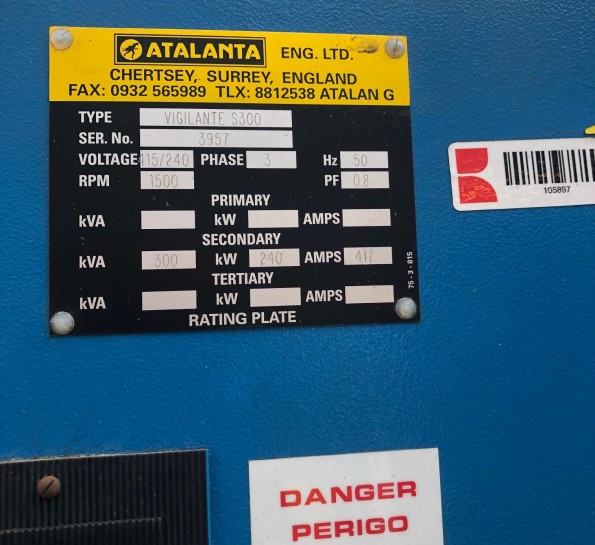 300 Kva Perkins/Atalanta open type diesel generator. Engine: Perkins 2006-TWG2