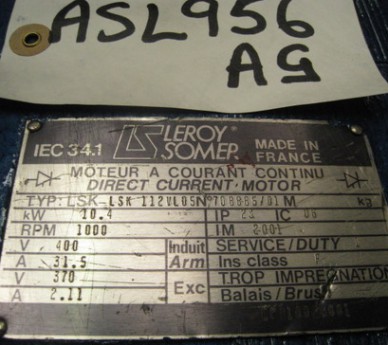 10.4 Kw Leroy Somer DC Motor Type: LSK112VL05
