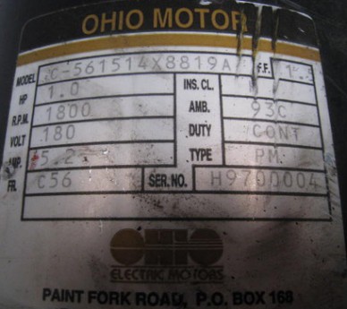 1.1HP Ohio Motor DC Motor, Model: C-561 514 X 8819 A 